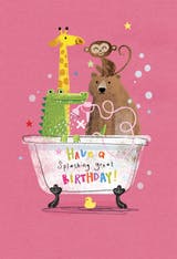 Animals Antics, a happy birthday card for kids with a giraffe, bear, monkey and alligator taking a bath together